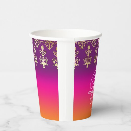 Indiaas huwelijksmonogram Damasroze Paars Sinaasap Papieren Bekers (Rechts)