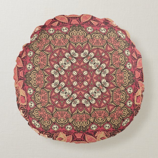 Indiaas medaillon, boho etnisch ornament rond kussen (Voorkant)