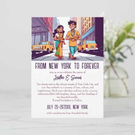 Indiaas paar in New York grappig opslaan de datum Kaart (Staand voorkant)