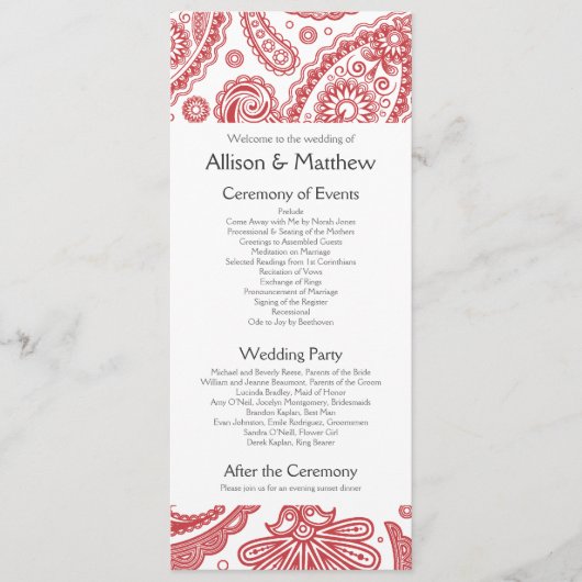 Indiaas Paisley Wedding Programme Programmakaart (Voorkant)