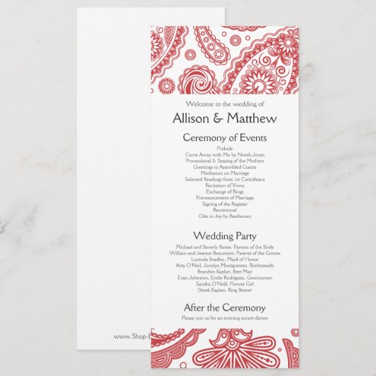 Indiaas Paisley Wedding Programme Programmakaart (Voorkant / Achterkant)