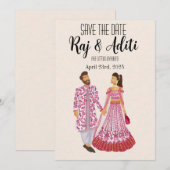 Indiaas Roze bruiloft geïllustreerd paar Save The Date (Voorkant / Achterkant)