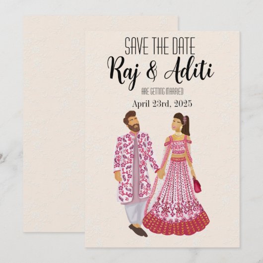 Indiaas Roze bruiloft geïllustreerd paar Save The Date (Voorkant / Achterkant)