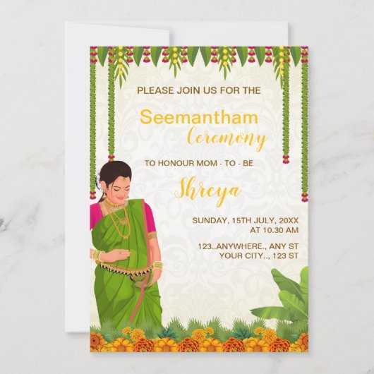 Indian Baby shower Invitation Kaart, Seemantham Kaart (Voorkant)