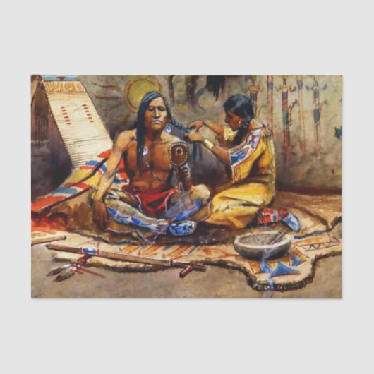 "Indian Beauty Parlor" door Charles M Russell Tissuepapier (Voorkant)