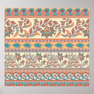 Indian Bloemen Grenzen Naadloos Patroon Poster