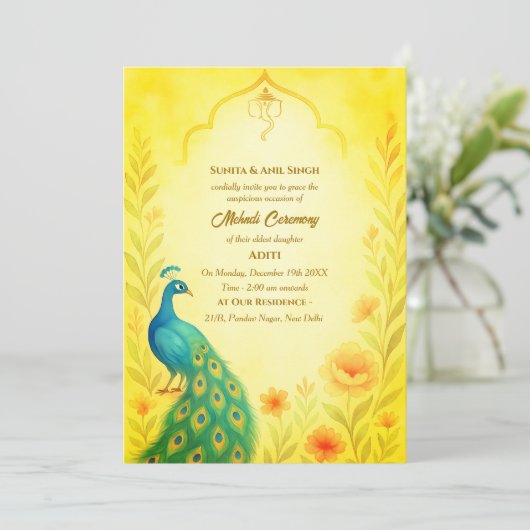 Indian Bride Mehndi Ceremony Pauw Bloemen Kaart (Staand voorkant)