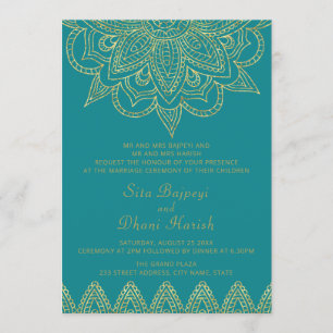 Indian Bright Blauw Groen Goud Mehndi Hindoe bruil Kaart