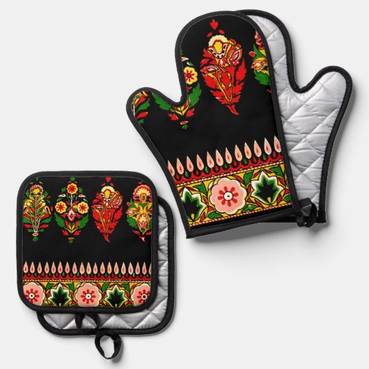 Indian Cotton Fabric Ovenwant & Pannenlap Set (Voorkant / Achterkant)