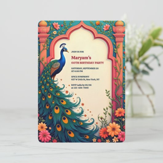 Indian Elegant Bloemenboog Pauw 60e verjaardag Kaart (Staand voorkant)