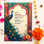 Indian Elegant Bloemenboog Pauw 60e verjaardag Kaart<br><div class="desc">Vier een gedenkwaardige mijlpaal met deze Indian Peacock 60th Birthday Invitation, met een verbluffende blauwe pauw in een traditioneel gewelfd lijst, omringd door levendige bloemen en ingewikkelde wijnstokken. Perfect voor Shashtipoorthi-vieringen - de heilige Indiase 60e verjaardag - of elke elegante en cultureel rijke verjaardagsbijeenkomst. Met diepe culturele symboliek en artistieke...</div>