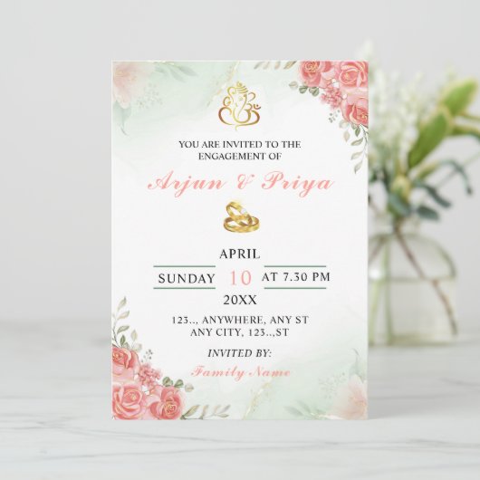 Indian Floral Verloving Invitation Kaart (Staand voorkant)