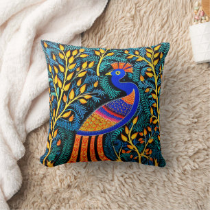 Indian Gond Art Peacock Zwart Kunst van India Kussen