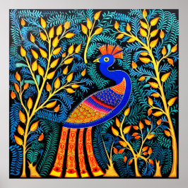 Indian Gond Art Peacock Zwart | Kunst van India Poster