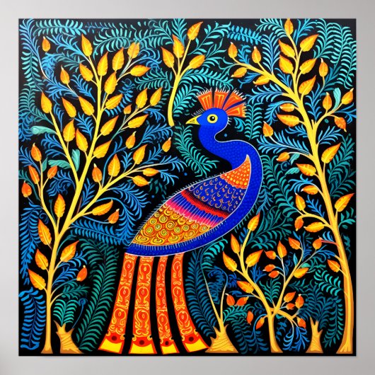 Indian Gond Art Peacock Zwart | Kunst van India Poster (Voorkant)
