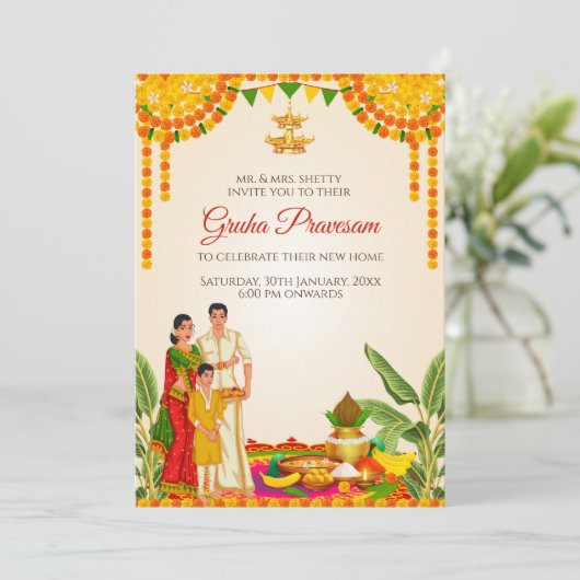 Indian Housewarming kaarten als Digital Pooja uitn (Staand voorkant)