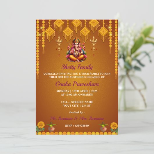 Indian Housewarming Uitnodigingskaart, Gruh Praves Kaart (Staand voorkant)