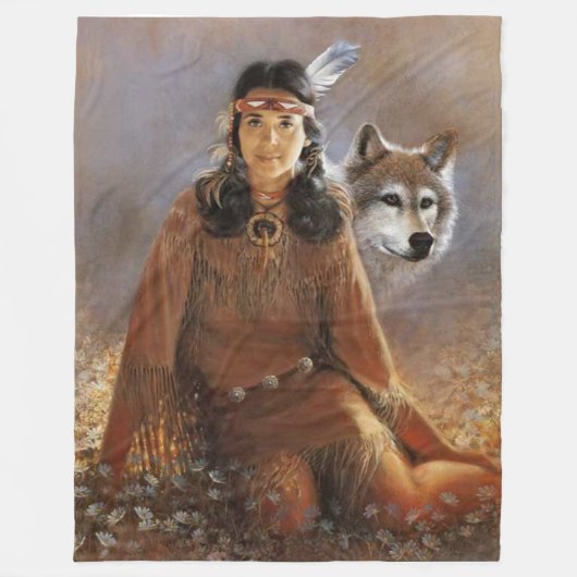 INDIAN MAIDEN- EN WOLF-koppelingen Fleece Deken (Voorkant)