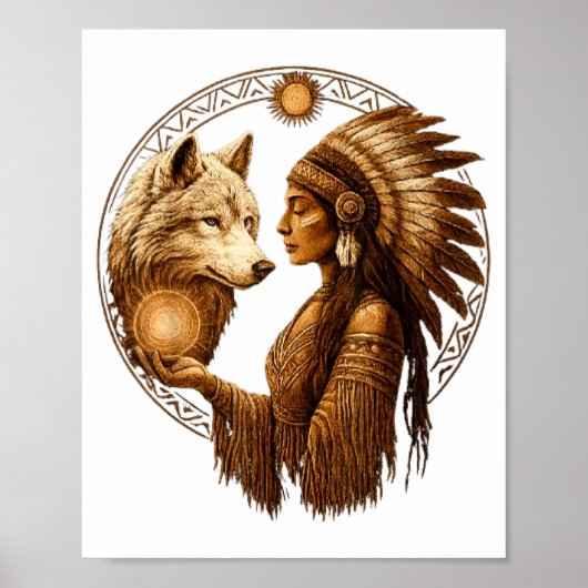 Indian Native American Woman With White Wolf Vinta Poster (Voorkant)