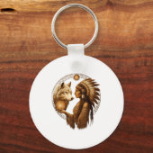 Indian Native American Woman With White Wolf Vinta Sleutelhanger (Voorkant)