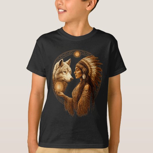 Indian Native American Woman With White Wolf Vinta T-shirt (Voorkant)