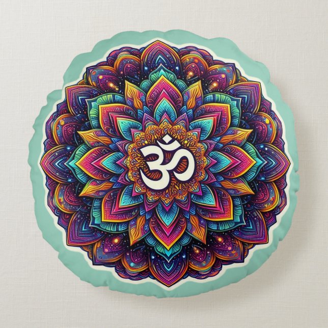 Indian Om Symbool in een prachtig mandala ontwerp Rond Kussen (Voorkant)