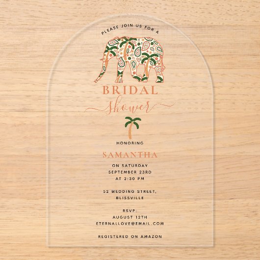 Indian Paisley Ornate Elephants Bridal Shower Acryl Uitnodigingen (Voorkant)