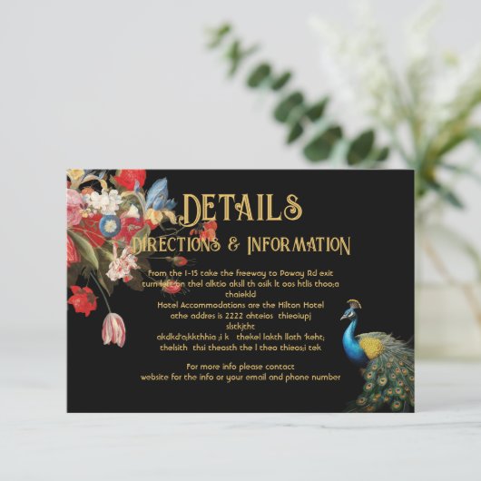 Indian Peacock Bloemen Bruiloft Details info kaart (Staand voorkant)