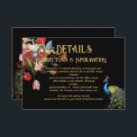 Indian Peacock Bloemen Bruiloft Details info kaart<br><div class="desc">Elegante en dramatische Nederlandse meesterbloemige botanische opstelling tegen een donkere achtergrond met pauw Trouwdetails en informatiekaart. Bijpassende huwelijksuitnodiging van deze. Mooie rozen,  iris,  pioenen en tulpen in roze,  rood,  blauw en geel.</div>