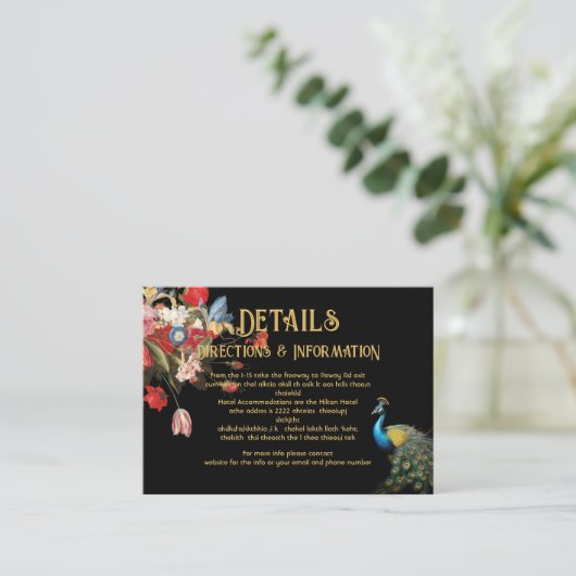 Indian Peacock Bloemen Bruiloft Details info kaart Visitekaartje (Staand voorkant)