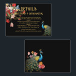 Indian Peacock Bloemen Bruiloft Details info kaart Visitekaartje<br><div class="desc">Elegante en dramatische Nederlandse meesterbloemige botanische opstelling tegen een donkere achtergrond met pauw Trouwdetails en informatiekaart. Bijpassende huwelijksuitnodiging van deze. Mooie rozen,  iris,  pioenen en tulpen in roze,  rood,  blauw en geel.</div>