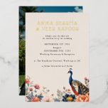 Indian Peacock Bloemen Foto Bruiloft Save the Date Folie Uitnodiging<br><div class="desc">Indian Peacock Flowers Custom Photo Wedding Save the Date Real Gold Folie Uitnodiging</div>