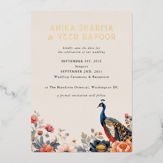 Indian Peacock Bloemen Foto Bruiloft Save the Date Folie Uitnodiging (Voorkant)