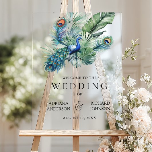 Indian Peacock Feathers Wedding Welcome Acryl Bord