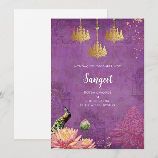 Indian Sangeet uitnodiging & Peacock trouwkaarten (Voorkant / Achterkant)