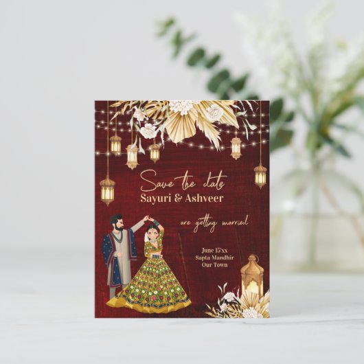 Indian Save the Date maroon Gold dansende koppel (Staand voorkant)