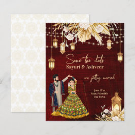 Indian Save the Date maroon Gold dansende koppel