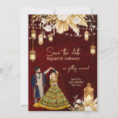 Indian Save the Date maroon Gold dansende koppel Kaart (Voorkant)