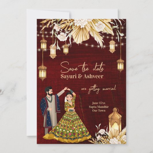 Indian Save the Date maroon Gold dansende koppel Kaart (Voorkant)