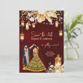 Indian Save the Date maroon Gold dansende koppel Kaart (Staand voorkant)