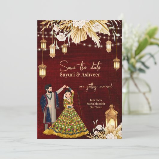 Indian Save the Date maroon Gold dansende koppel Kaart (Staand voorkant)