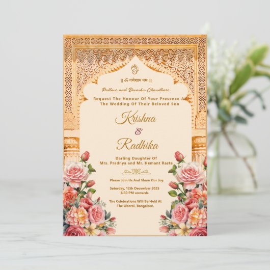 Indian wedding ethnic luxury invitation kaart (Staand voorkant)