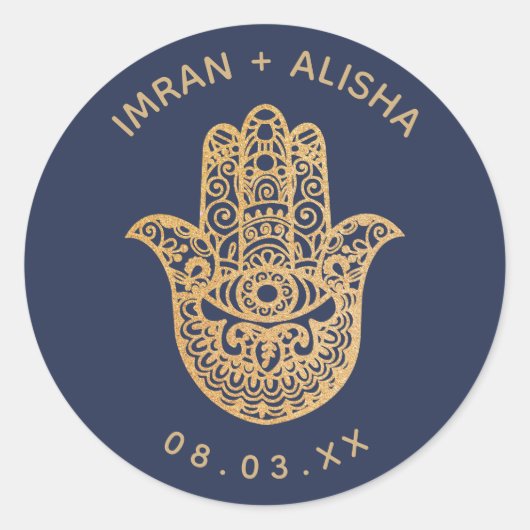 Indian Wedding Gold Navy Blue hamsa Henna Ronde Sticker (Voorkant)