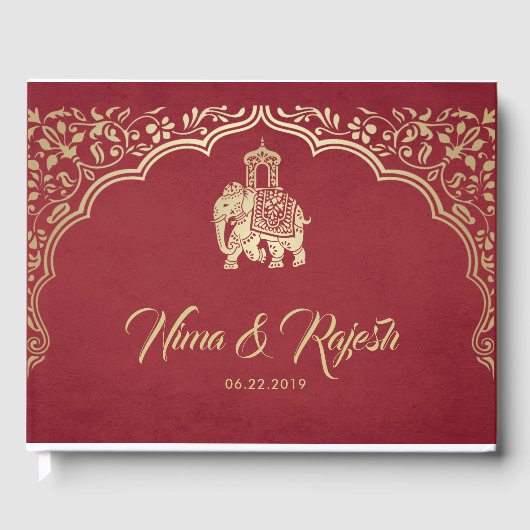 Indian Wedding Guest Book met Ganesha, Rood, Goud Gastenboek (Voorkant)