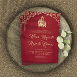 Indian Wedding Invitation, Red, Gold, Ganesha Inv Kaart<br><div class="desc">Indische bruiloft Uitnodiging,  rood,  goud,  Ganesha Uitnodiging Deze prachtige Indische bruiloft met een ganesha-ontwerp in nepbladreuzel op een rode achtergrond zal je gasten zeker opwinden! Het uiteinde van het ontwerp: De hoofdletters van het gebruik voor de niet manuscripttekst. Upgrade het papiertype naar Pearl Shimmer voor een extra fancy look!</div>
