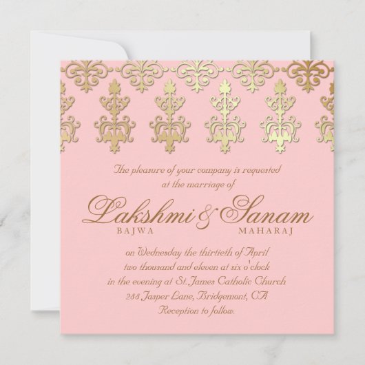 Indian Wedding Invite Damask Gold Baby roze Kaart (Voorkant)