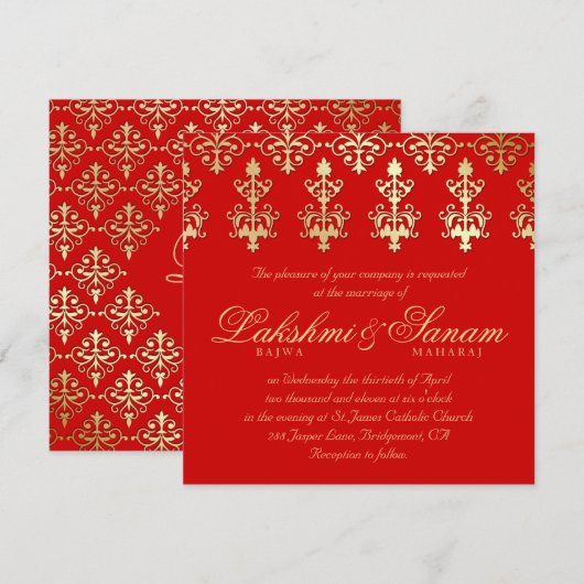 Indian Wedding Invite Damask Gold herfst Red Kaart (Voorkant / Achterkant)