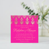Indian Wedding Invite Damask Gold Hot Pink Kaart (Staand voorkant)