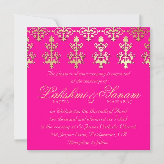 Indian Wedding Invite Damask Gold Hot Pink Kaart (Voorkant)