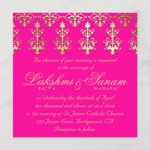 Indian Wedding Invite Damask Gold Hot Pink Kaart